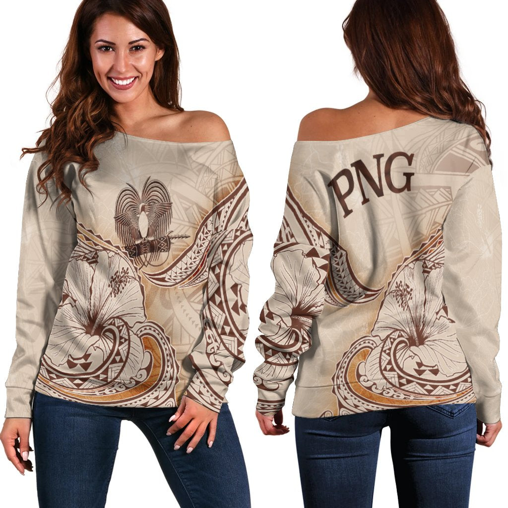 Papua New Guinea Women's Off Shoulder Sweater - Hibiscus Flowers Vintage Style Nude - Polynesian Pride