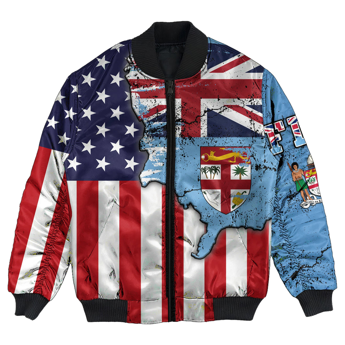Fiji With America Flag Bomber Jacket LT10 Unisex Blue - Polynesian Pride