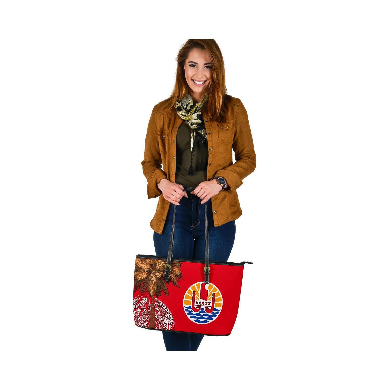 French Polynesia Leather Tote Bags - Palm Tree Polynesian Pattern Red - Polynesian Pride