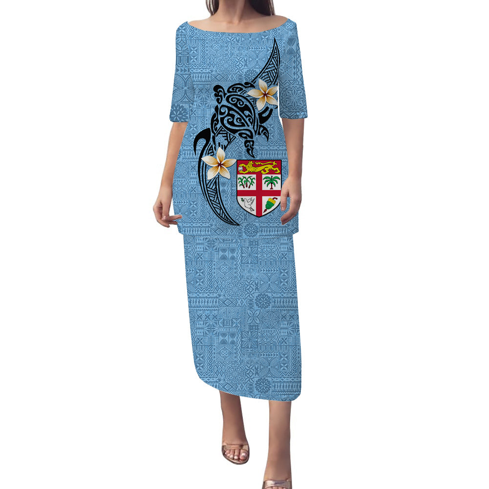 Fiji Tapa Pattern With Plumeria Puletasi Dress - LT12 Long Dress Blue - Polynesian Pride