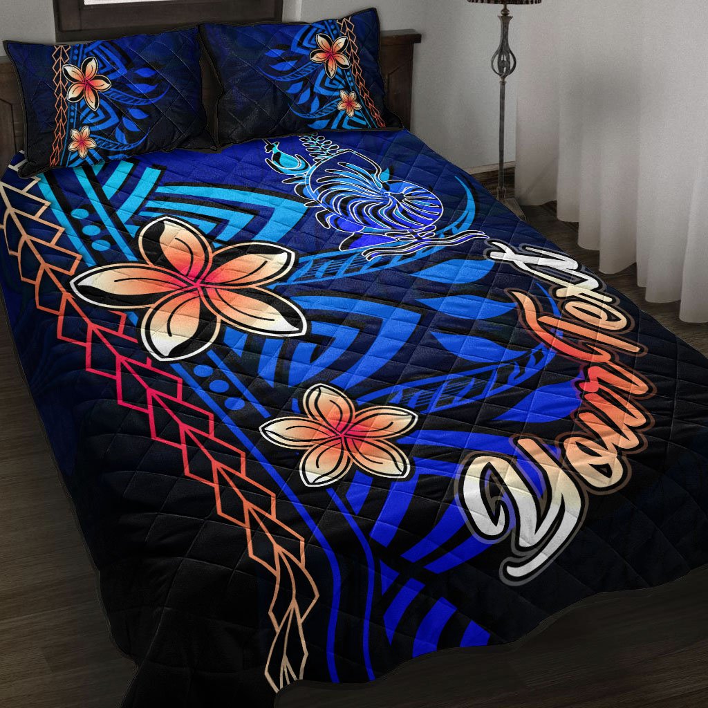 New Caledonia Custom Personalised Quilt Bed Set - Vintage Tribal Mountain Blue - Polynesian Pride