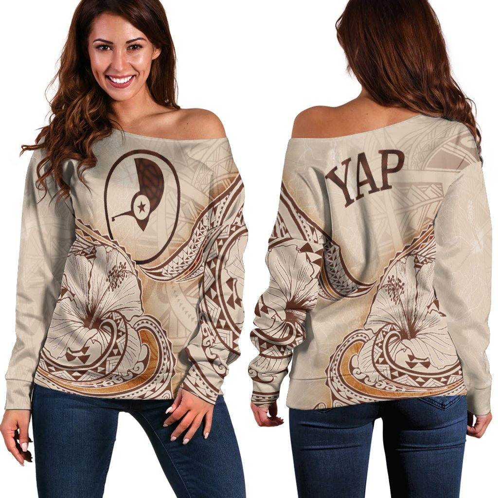 Yap State Women's Off Shoulder Sweater - Hibiscus Flowers Vintage Style Nude - Polynesian Pride