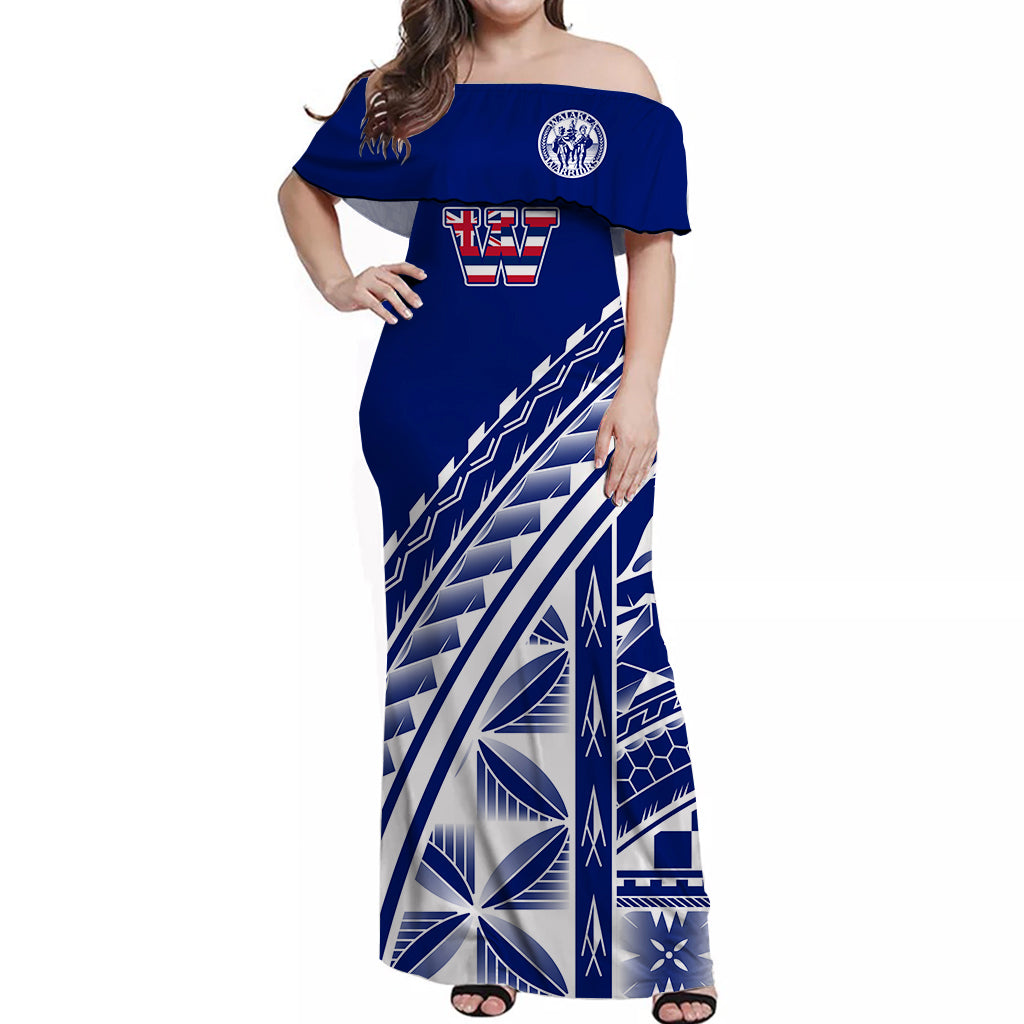Hawaii Waiakea High School Tattoo Tribal Off Shoulder Dress Ver06 - LT12 Long Dress Blue - Polynesian Pride