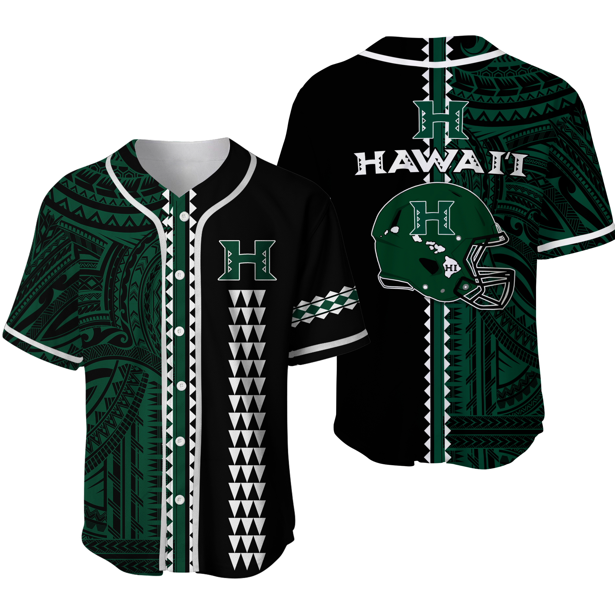 Hawaii Kakau Warrior Football Baseball Jersey - LT12 Green - Polynesian Pride