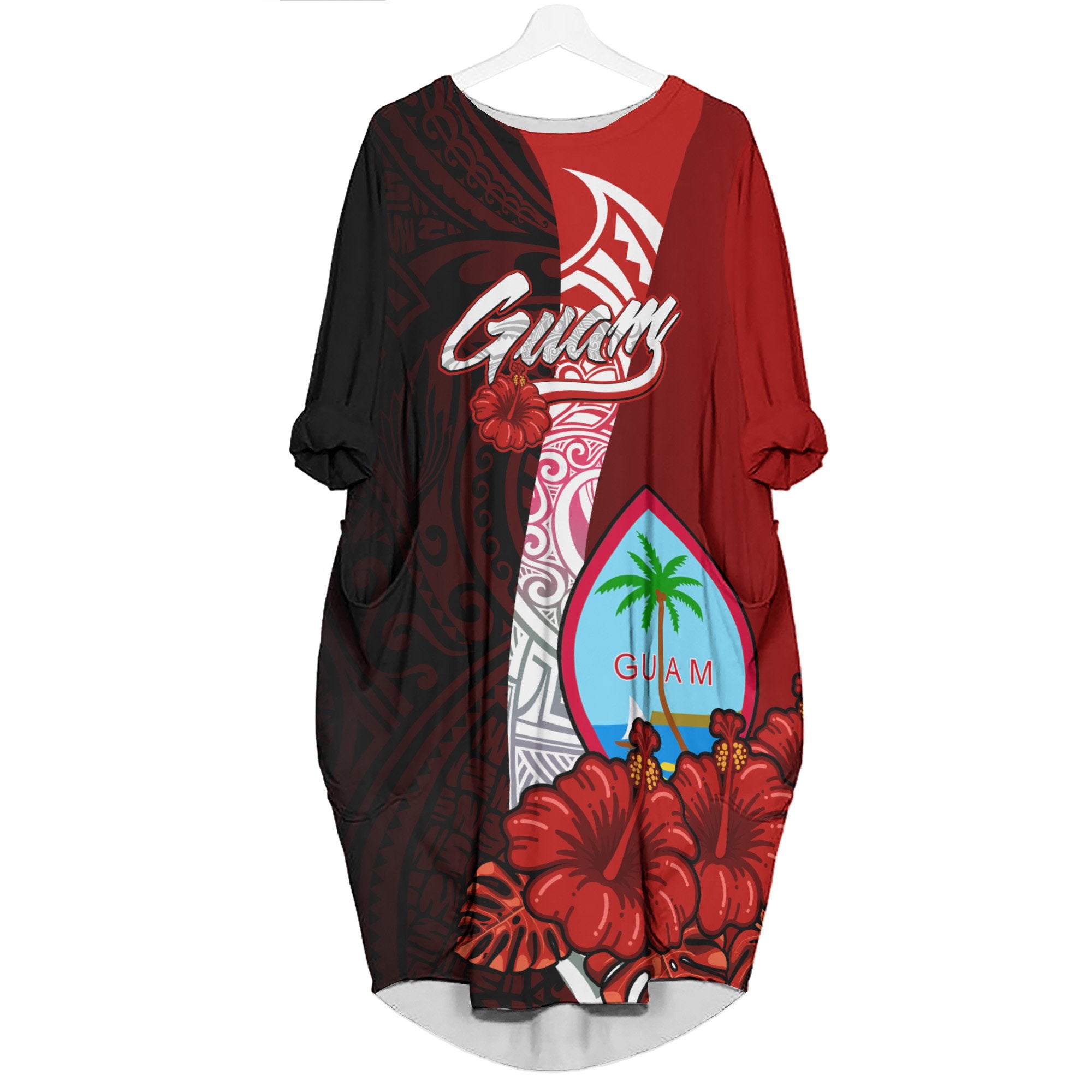 Guam Polynesian Batwing Pocket Dress - Hibiscus With Coat Of Arm Women Gold - Polynesian Pride