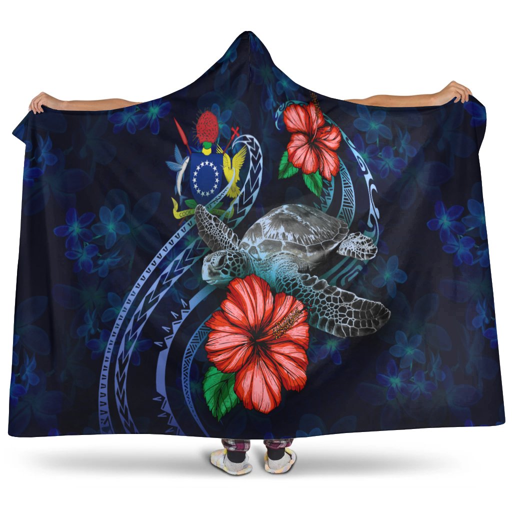 Cook Islands Polynesian Hooded Blanket - Blue Turtle Hibiscus Hooded Blanket Blue - Polynesian Pride