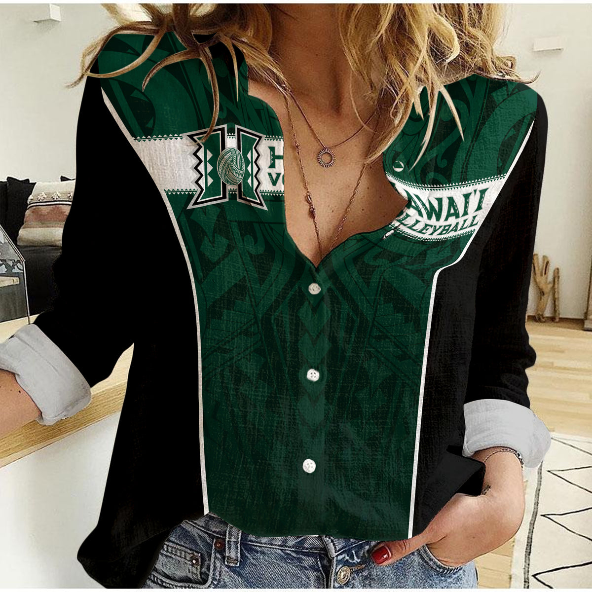 Hawaii Volleyball Green Warrior Women Casual Shirt - LT2 Female GREEN - Polynesian Pride
