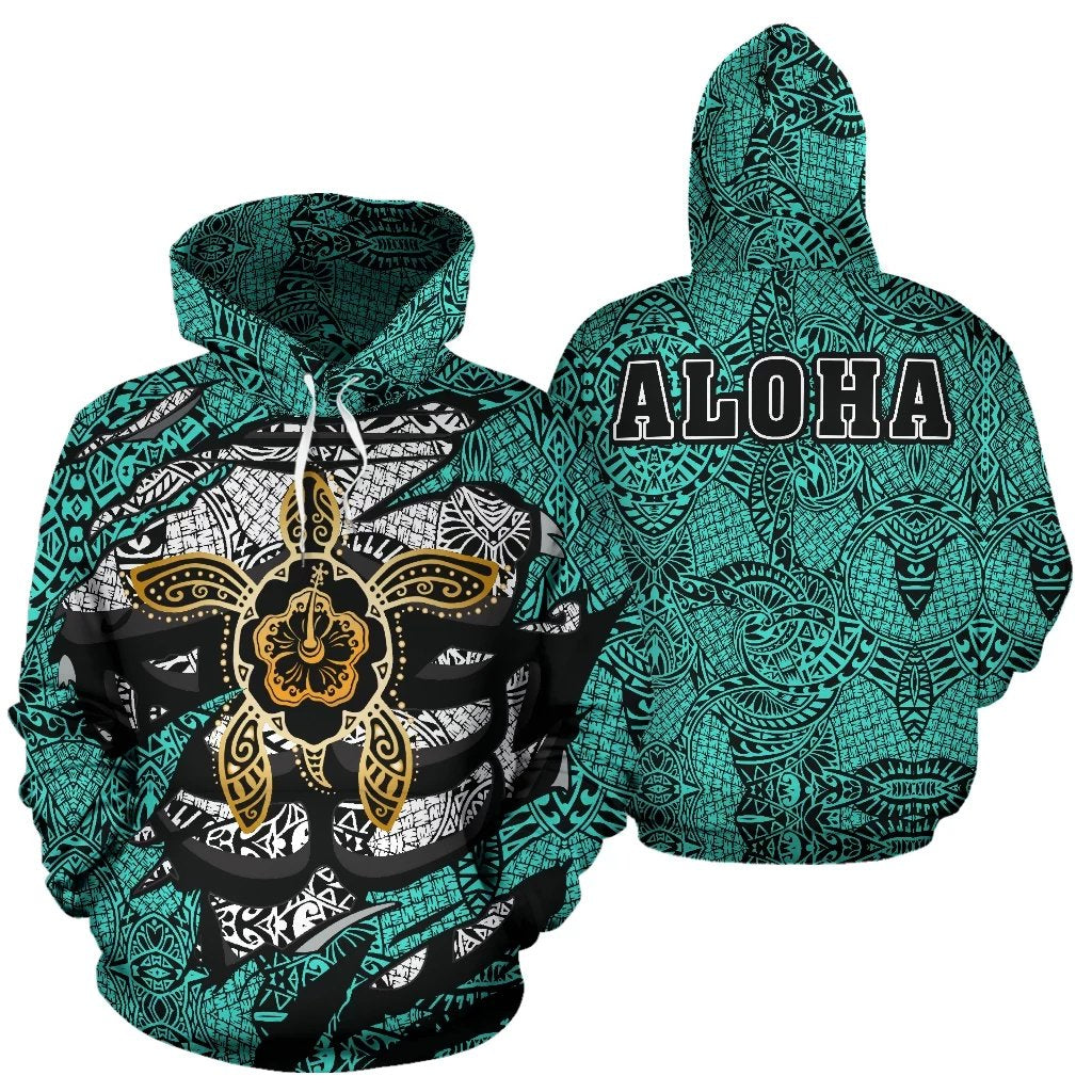 Hibiscus Polynesian Turquoise Hawaii Turtle Hoodie Unisex Turquoise - Polynesian Pride