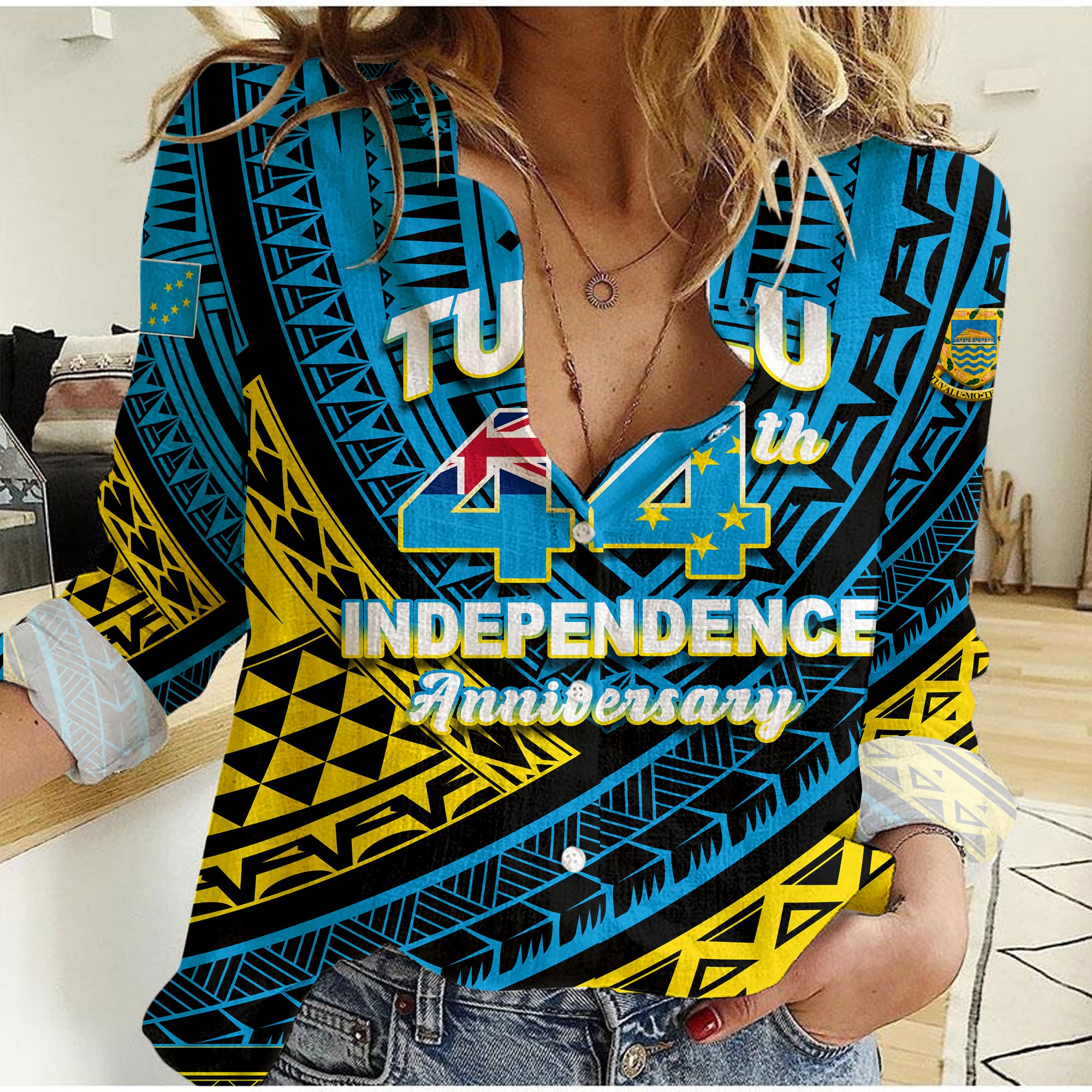 (Custom Personalised) Tuvalu Women Casual Shirt 44th Independence Anniversary - Tribal Pattern - LT12 Female Blue - Polynesian Pride