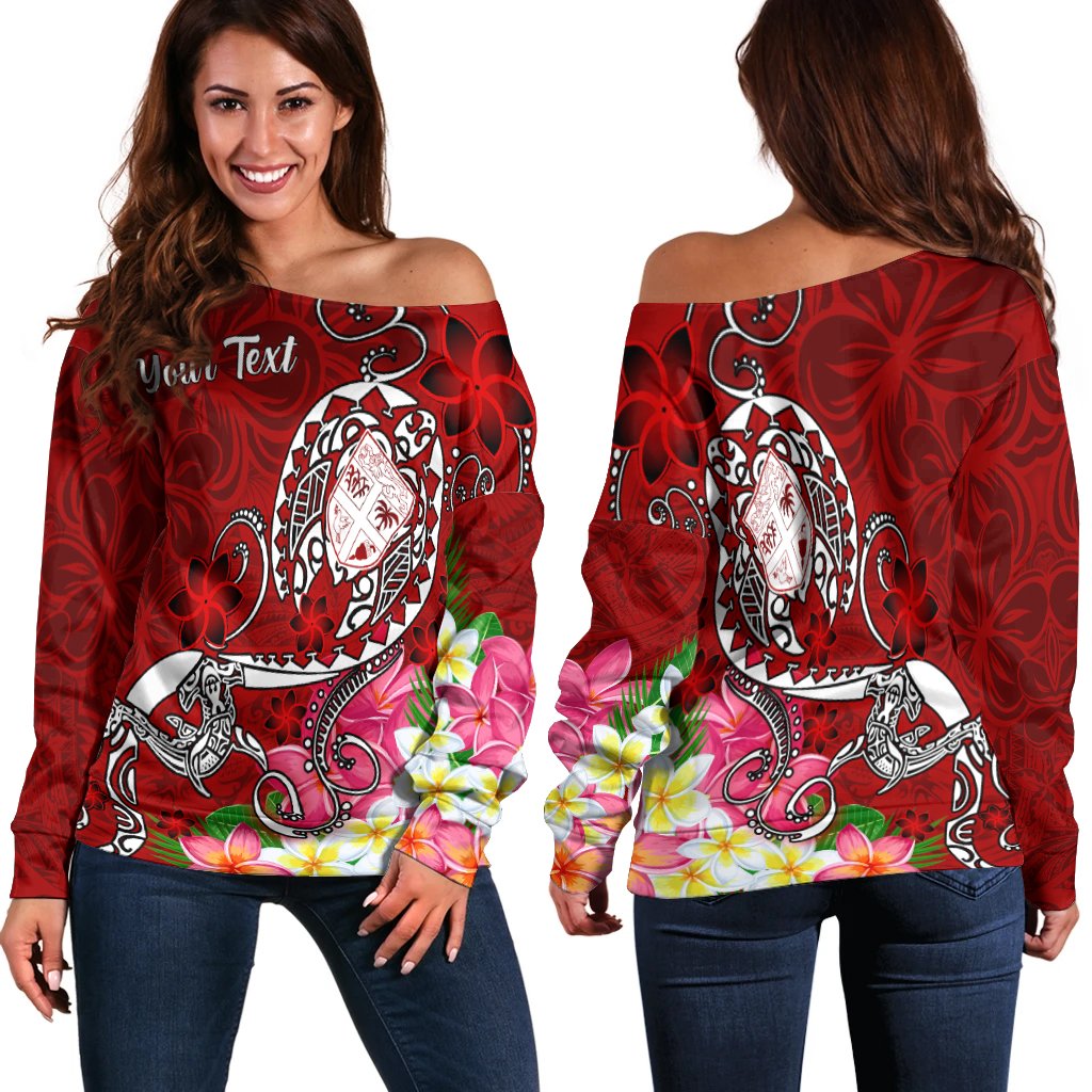 Fiji Custom Personalised Women's Off Shoulder Sweater - Turtle Plumeria (Red) Red - Polynesian Pride