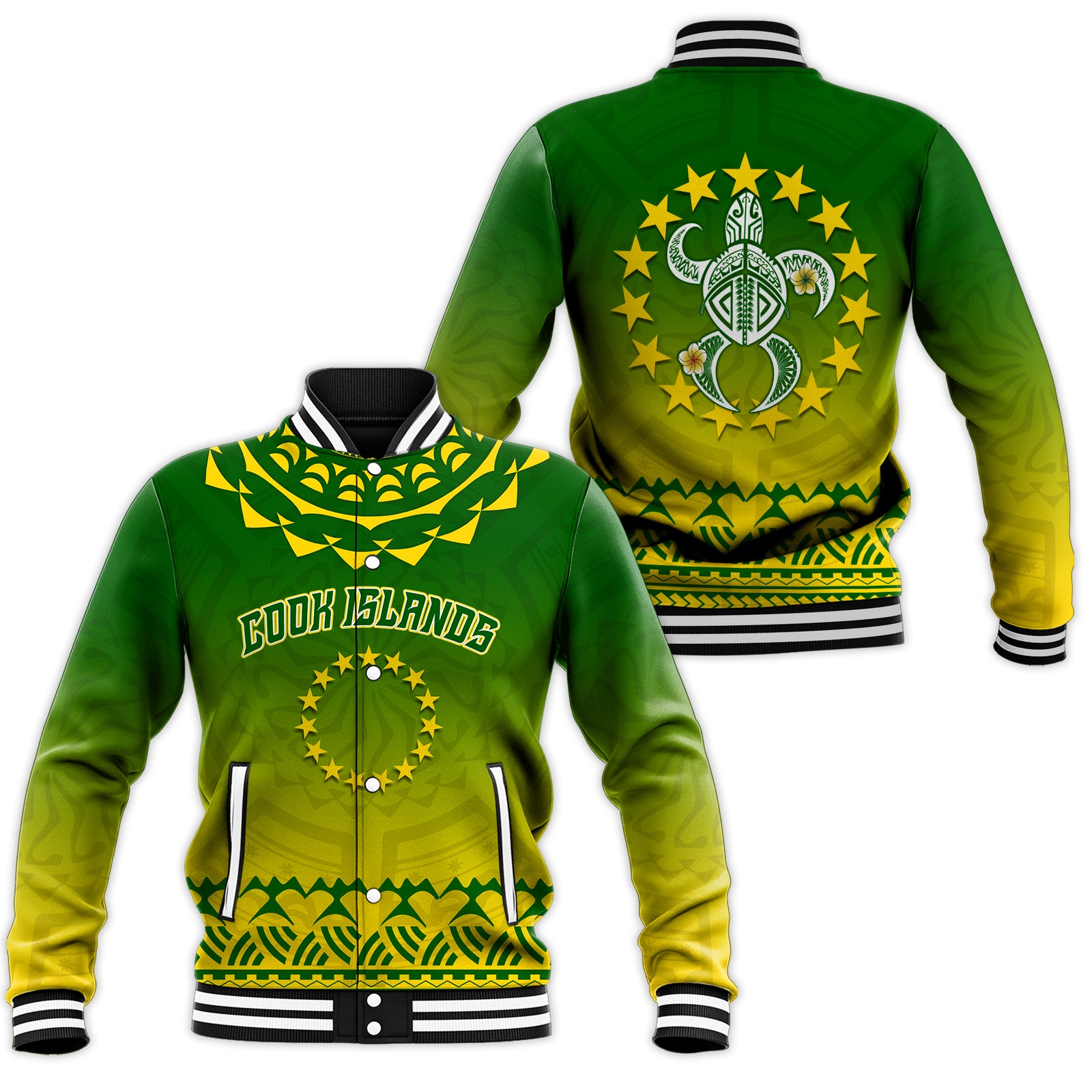 Cook Islands Turtle With Tribal Baseball Jacket - LT12 Unisex Green - Polynesian Pride