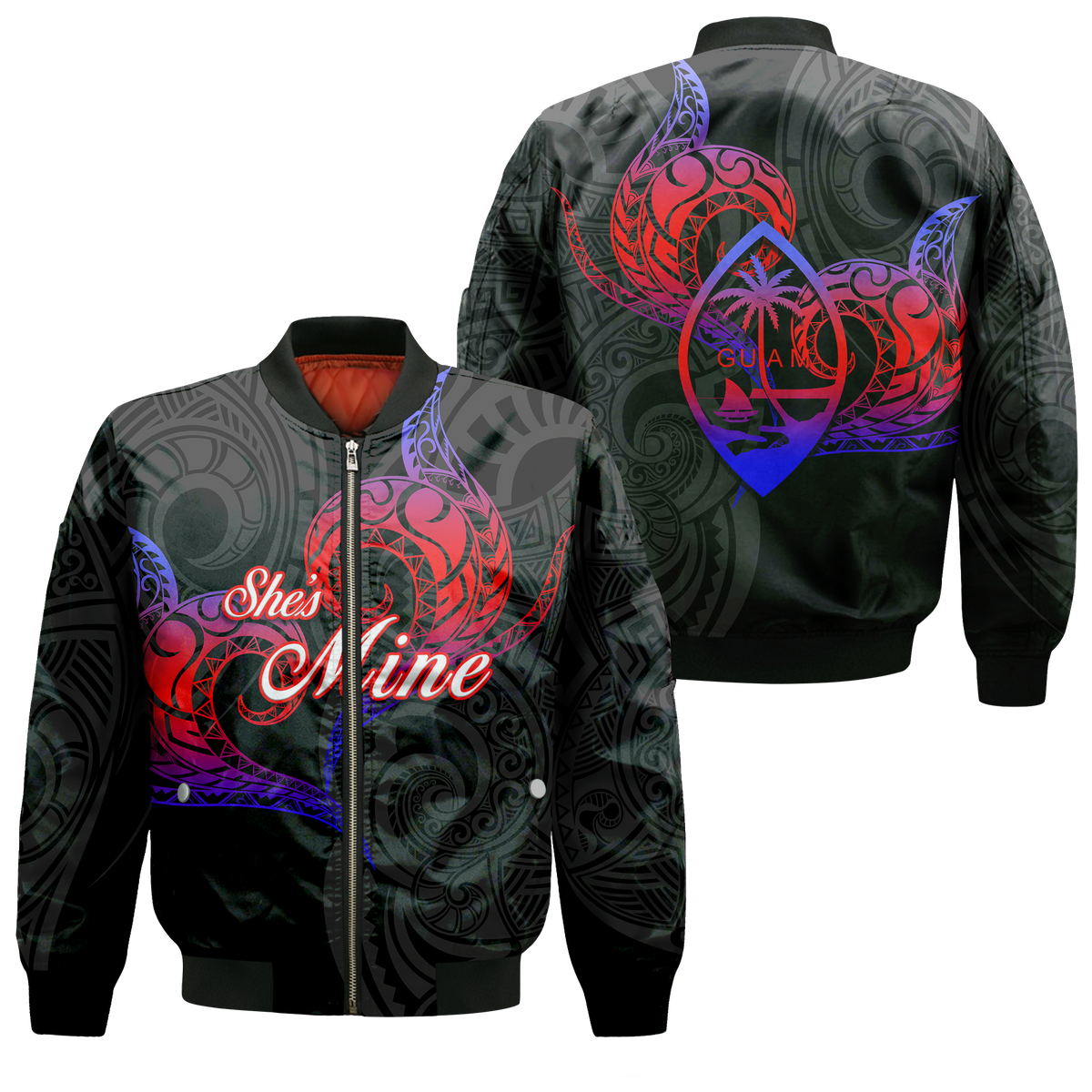 Valentine Day Guam Couple She Mine Bomber Jacket Heart Tribal - LT12 Bomber Jacket Black - Polynesian Pride