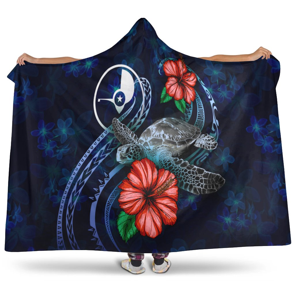 Yap Polynesian Hooded Blanket - Blue Turtle Hibiscus Hooded Blanket Blue - Polynesian Pride