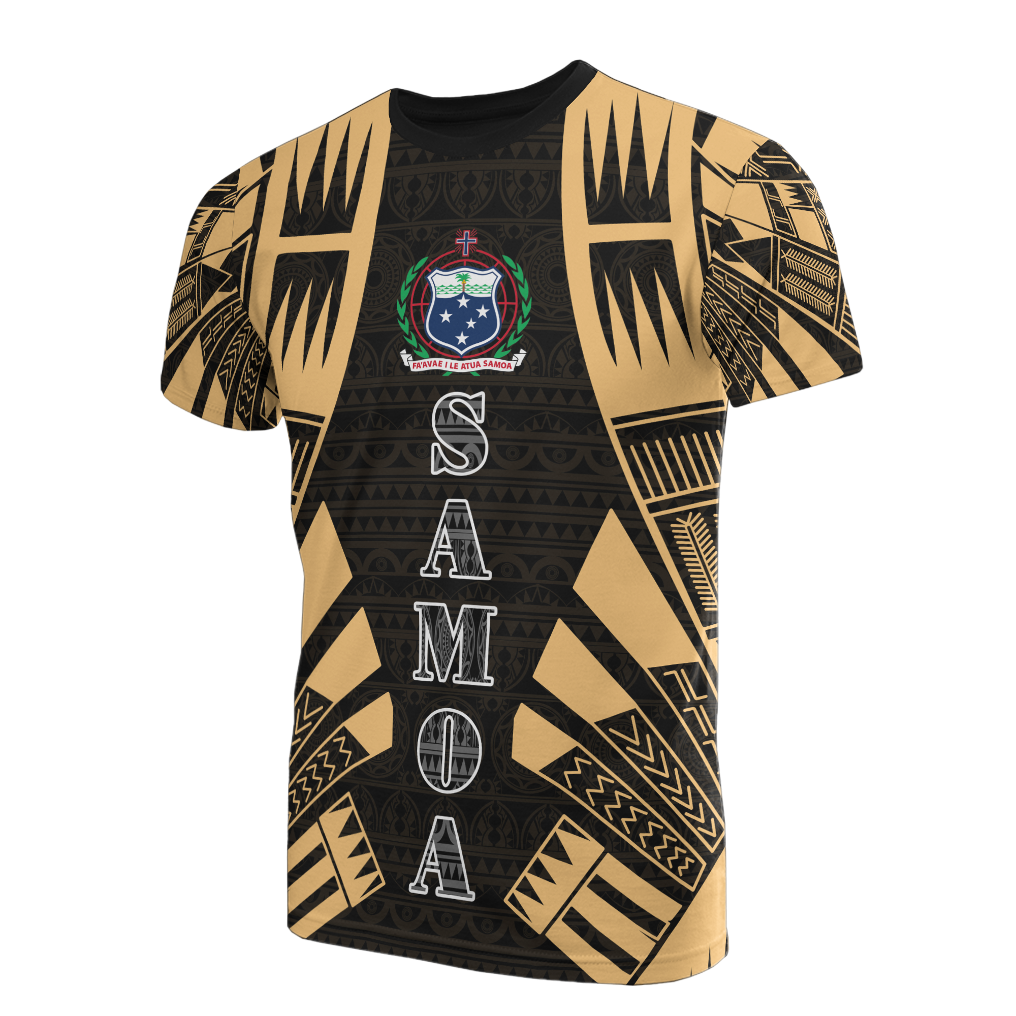Samoa T Shirt Samoan Coat of Arms Polynesian Tattoo Gold Style Unisex Black-Gold - Polynesian Pride