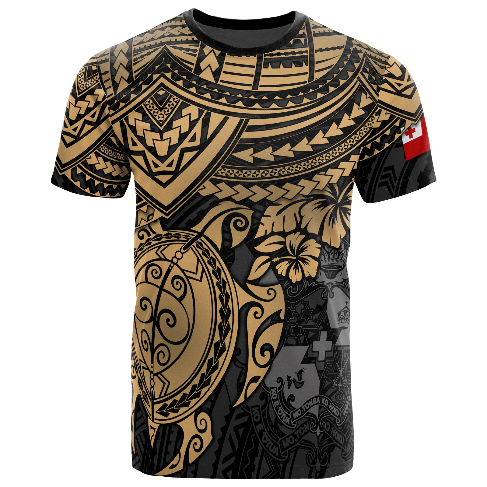 Tonga T Shirt Tonga Coat of Arms Polynesian Golden Turtle Hibiscus Unisex BLACK - Polynesian Pride