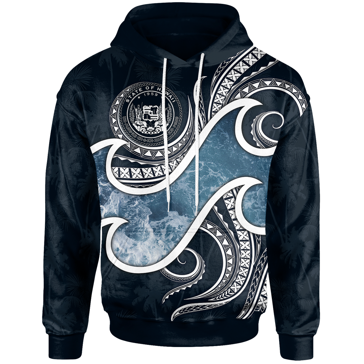 Polynesian Hawaii Hoodie Ocean Style (Coat of Arms) Unisex Black - Polynesian Pride
