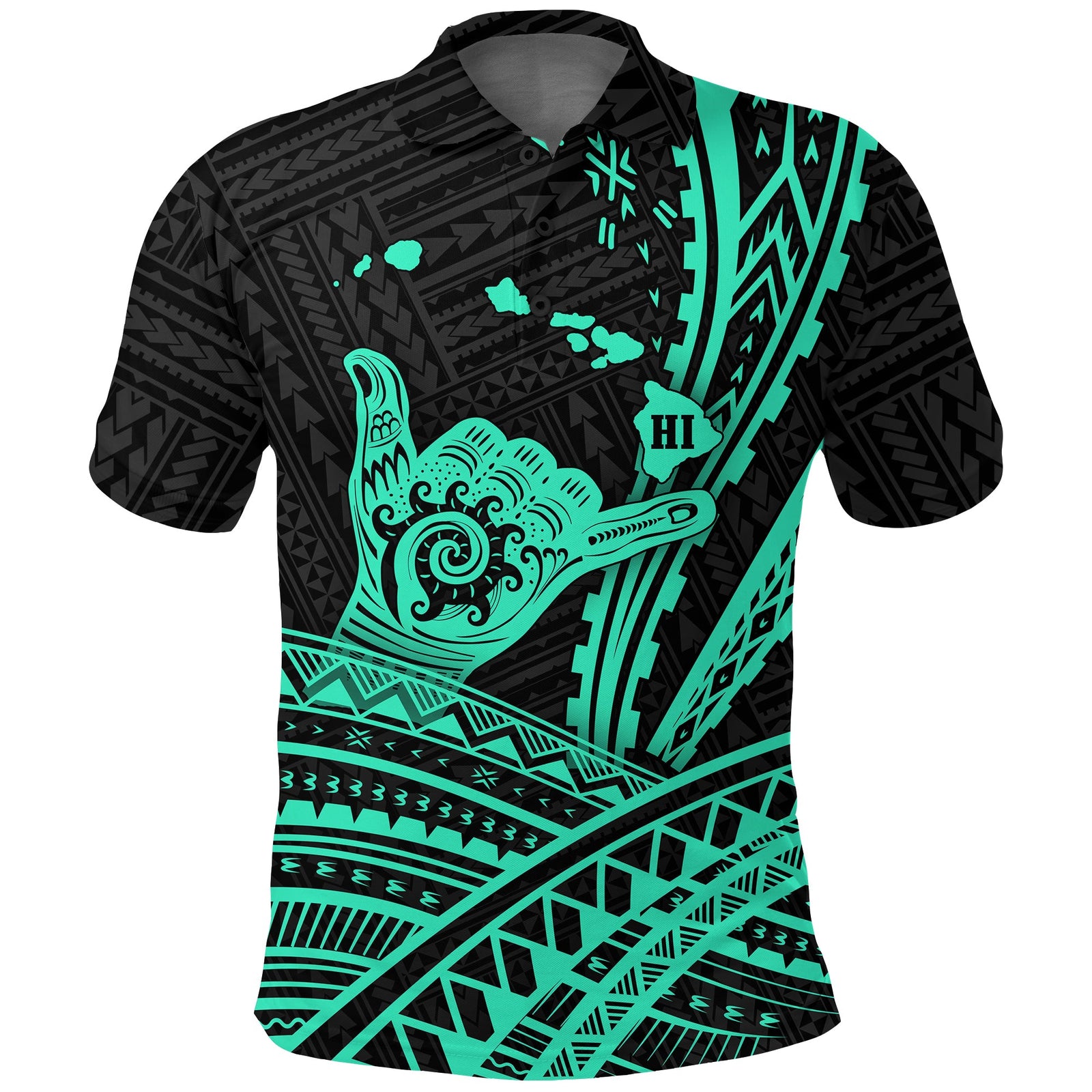 Hawaii Shaka Polynesian Tribal Turquoise Polo Shirt LT12 Unisex Black - Polynesian Pride