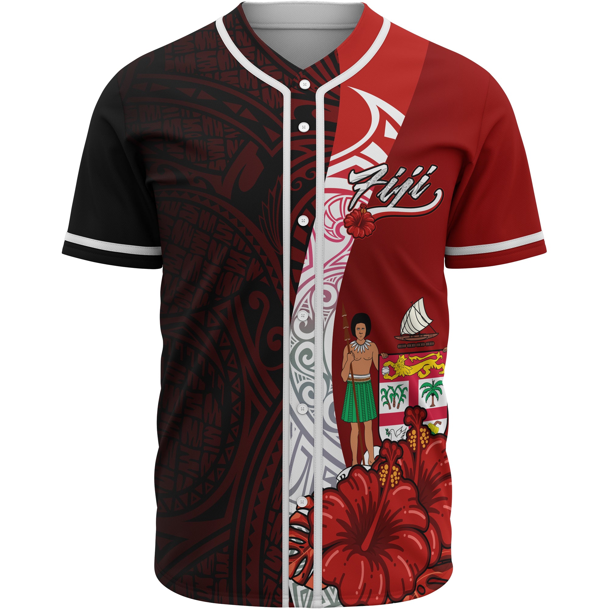 Fiji Polynesian Baseball Shirt - Coat Of Arm With Hibiscus Unisex Red - Polynesian Pride