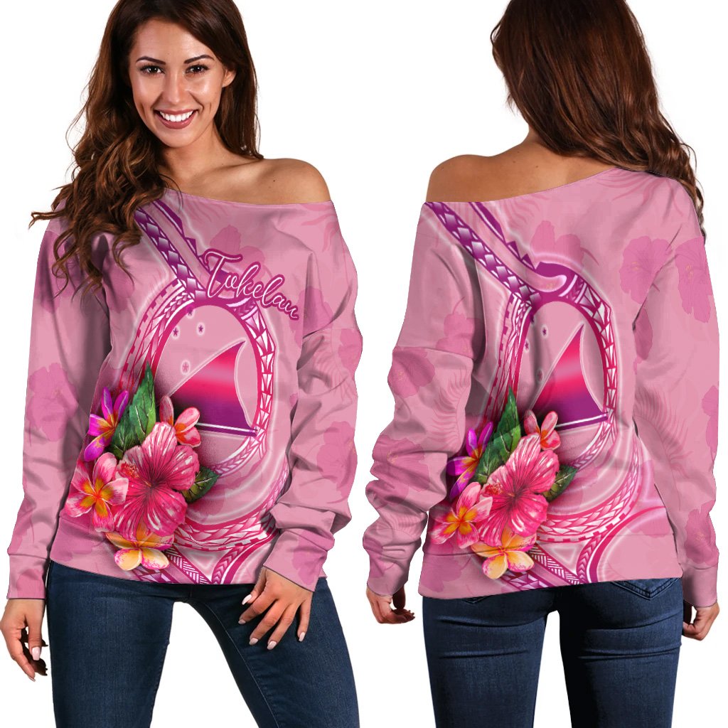 Tokelau Polynesian Women's Off Shoulder Sweater - Floral With Seal Pink Pink - Polynesian Pride