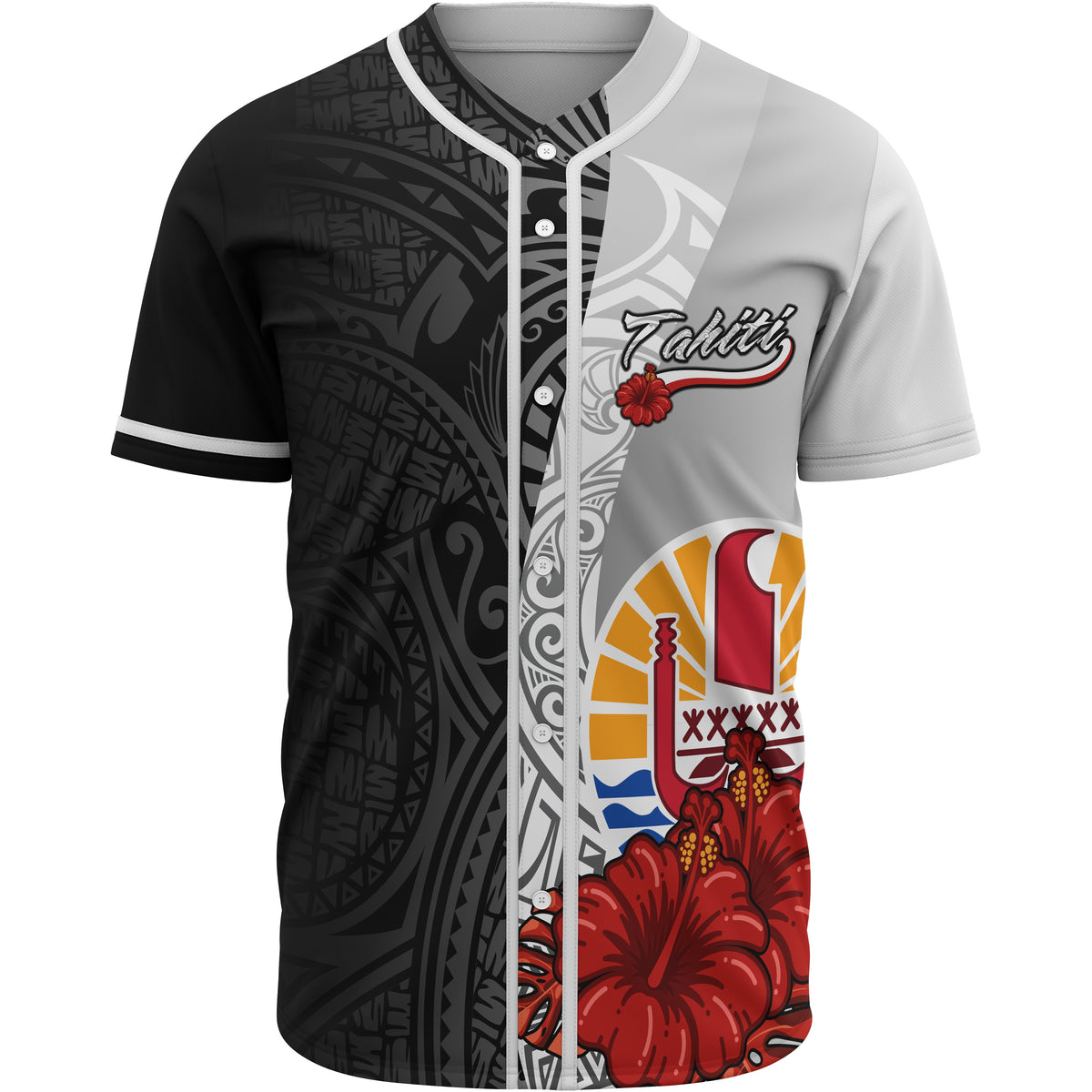Tahiti Polynesian Baseball Shirt - Coat Of Arm With Hibiscus White Unisex White - Polynesian Pride