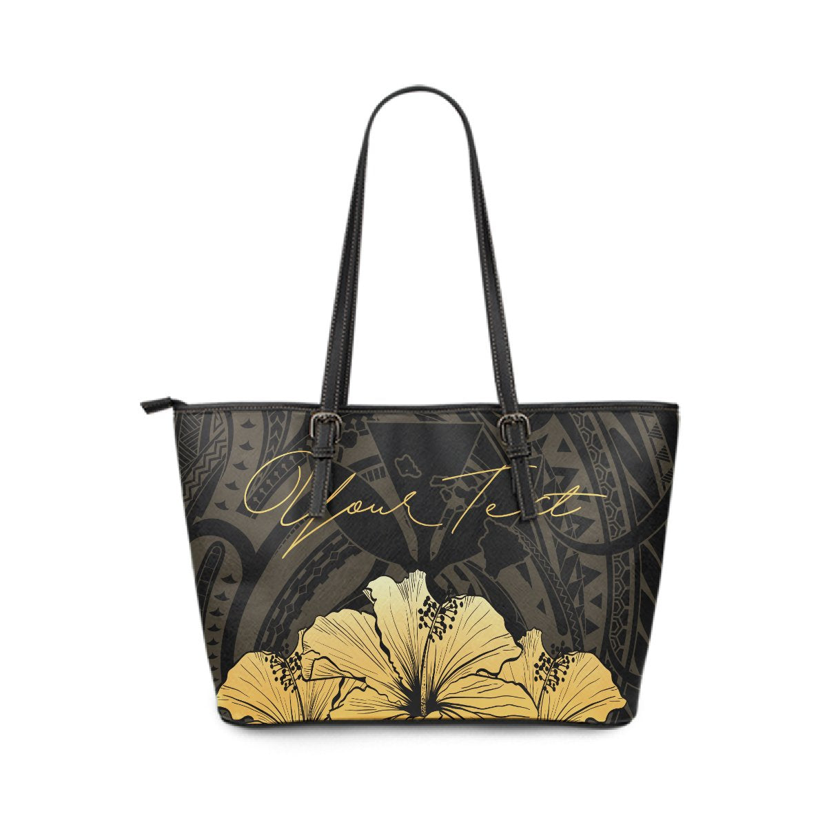 Personalised - Hawaii Royal Hibiscus Polynesian Tribal Large Leather Tote Bag Gold AH - Polynesian Pride