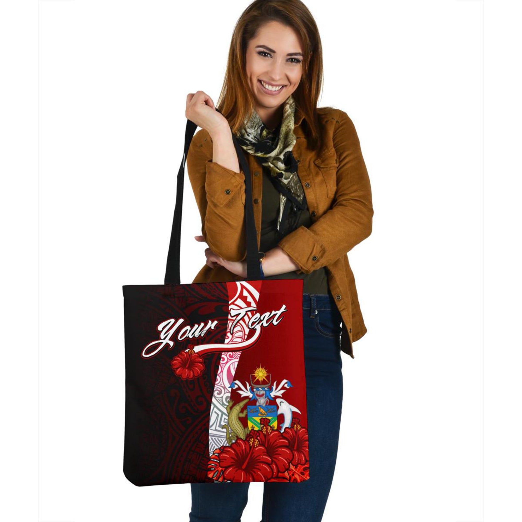 Solomon Islands Polynesian Custom Personalised Tote Bag - Coat Of Arm With Hibiscus Tote Bag One Size Red - Polynesian Pride