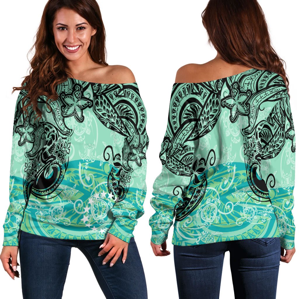 Cook Islands Women's Off Shoulder Sweaters - Vintage Floral Pattern Green Color Green - Polynesian Pride
