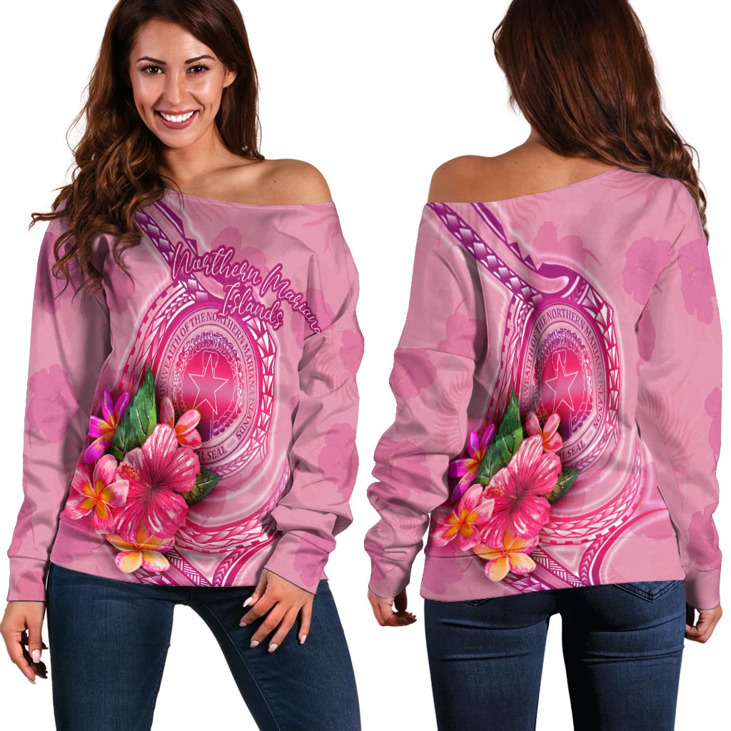 Northern Mariana Islands Polynesian Women's Off Shoulder Sweater - Floral With Seal Pink Pink - Polynesian Pride
