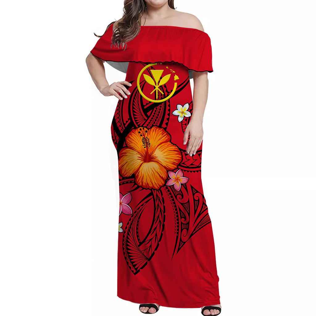 Hawaii Off Shoulder Dress - Red Hibiscus - LT12 Long Dress Red - Polynesian Pride