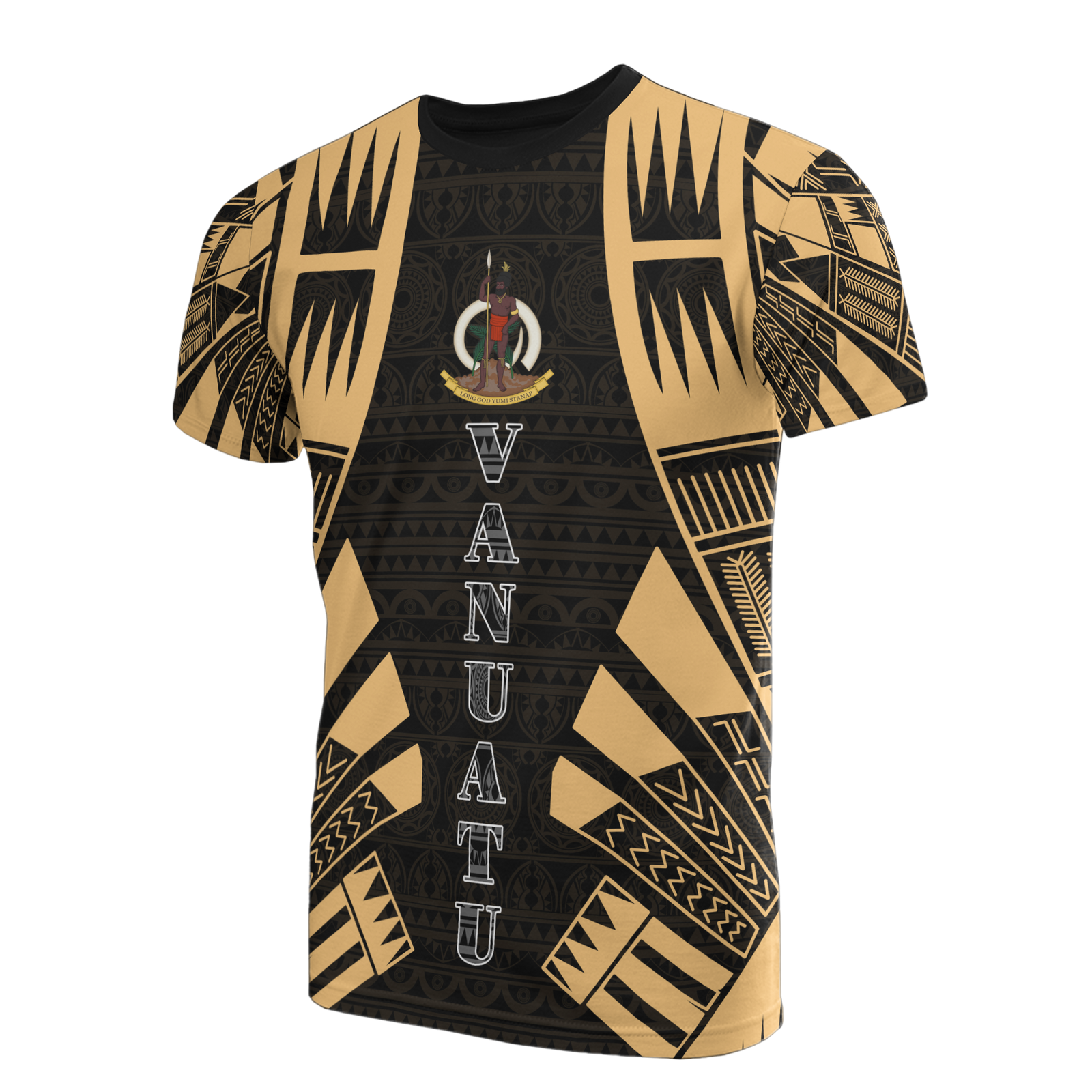 Vanuatu T Shirt Vanuatuan Coat of Arms Polynesian Tattoo Gold Style Unisex Black-Gold - Polynesian Pride