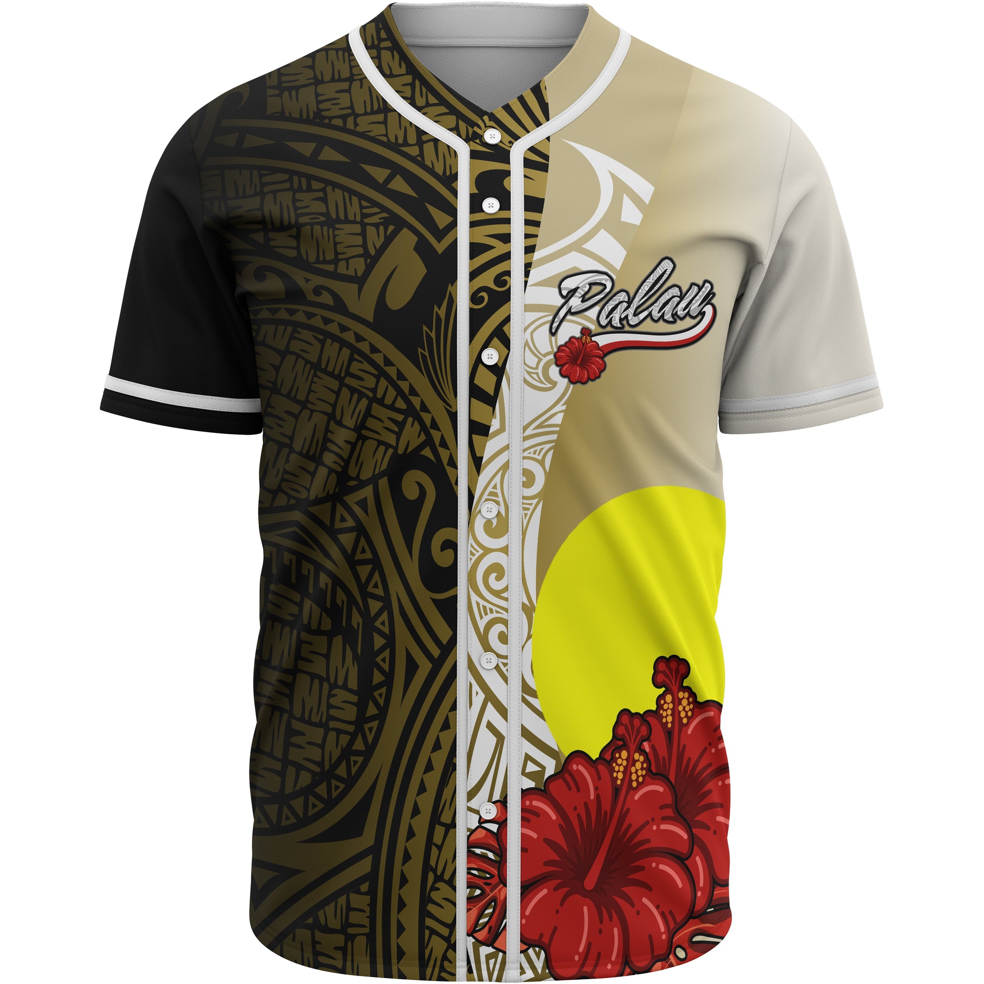 Palau Polynesian Baseball Shirt - Coat Of Arm With Hibiscus Gold Unisex Gold - Polynesian Pride