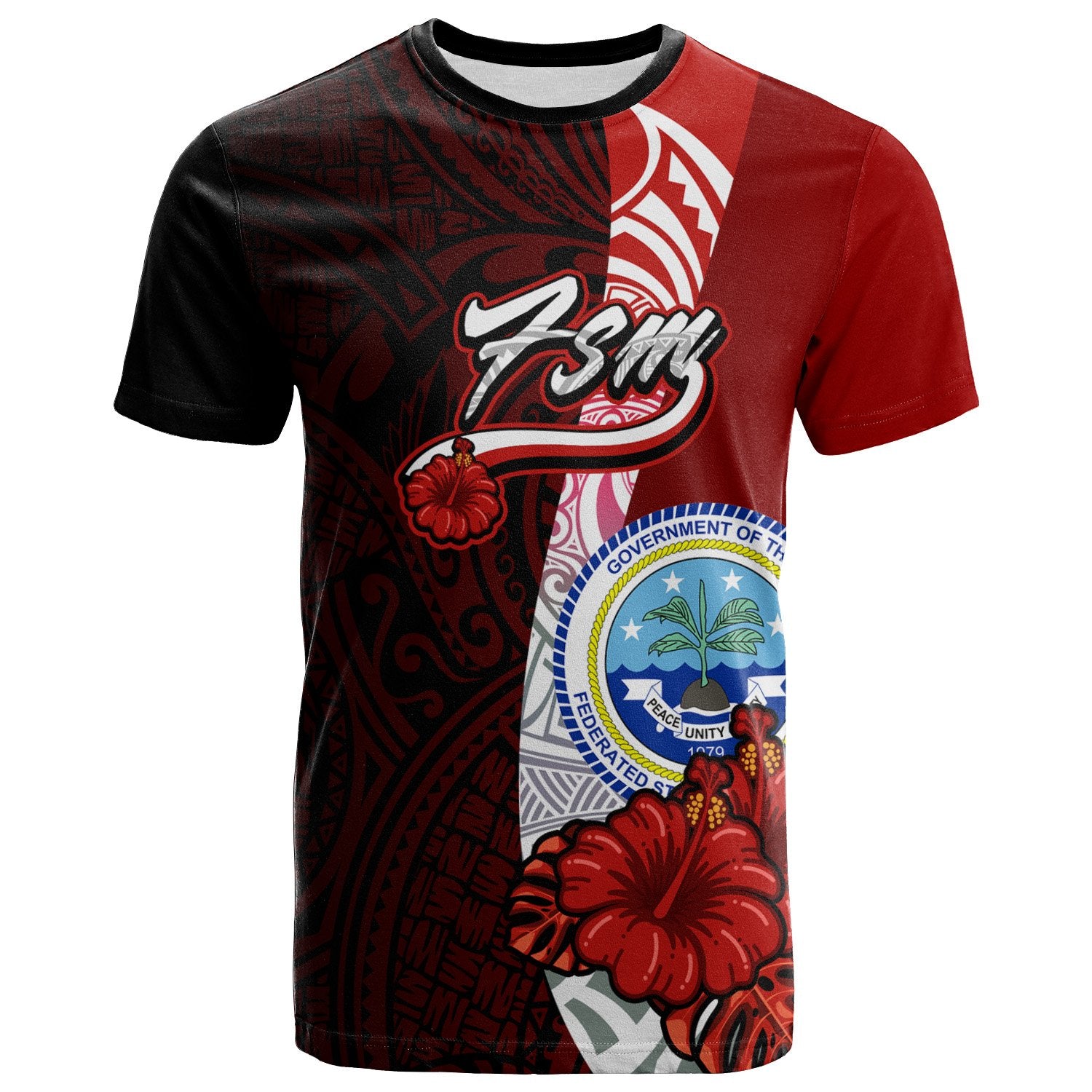 Federated States of Micronesia T Shirt Coat of Arm With Hibiscus Unisex Red - Polynesian Pride