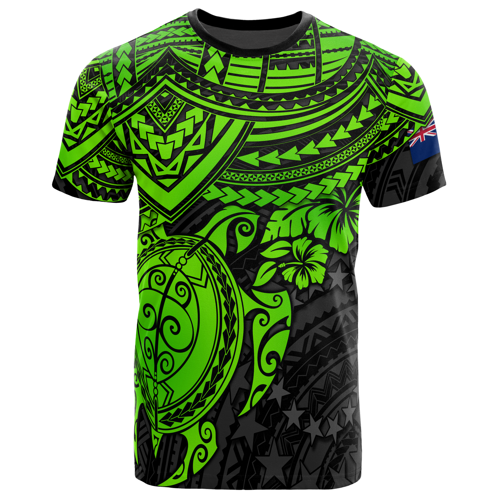Cook Islands Polynesian T Shirt Cook Islands Flag Green Turtle Hibiscus Unisex Green - Polynesian Pride