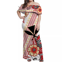 Hawaii Off Shoulder Long Dress Kakau Tribal Red Batik Floral Ver.02 LT13 Women Red - Polynesian Pride