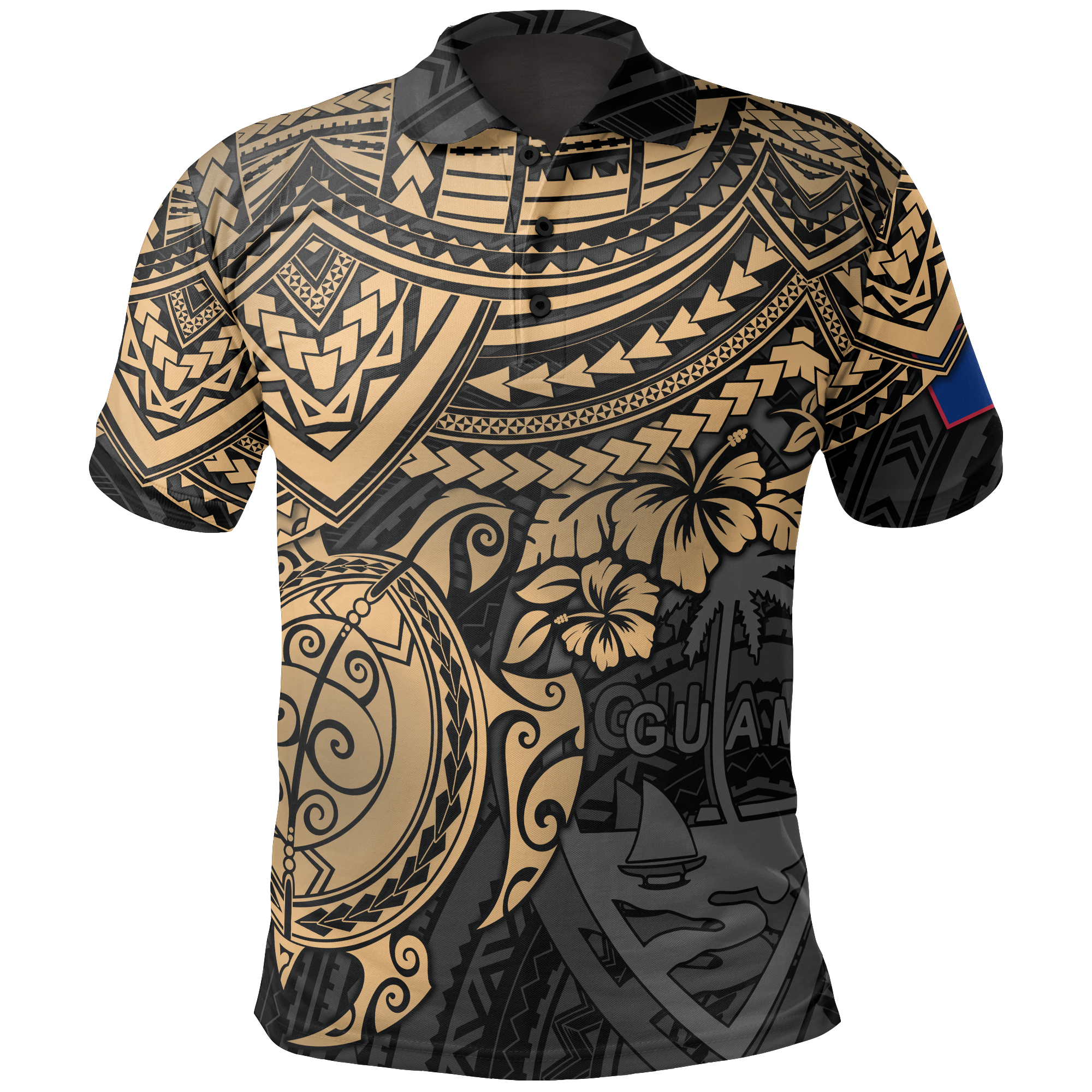 Guam Polo Shirt Guahan Flag Coat Of Arms Golden Turtle Hibiscus Unisex BROWN - Polynesian Pride
