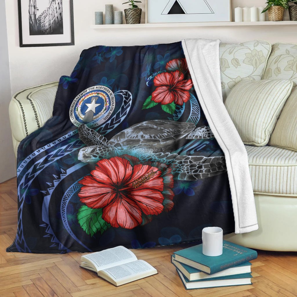 Northern Mariana Islands Polynesian Premium Blanket - Blue Turtle Hibiscus White - Polynesian Pride
