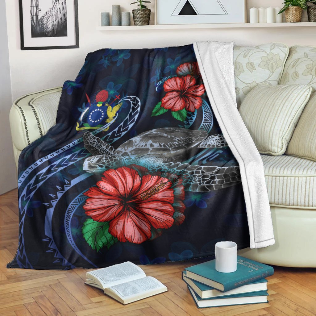 Cook Islands Polynesian Premium Blanket - Blue Turtle Hibiscus White - Polynesian Pride