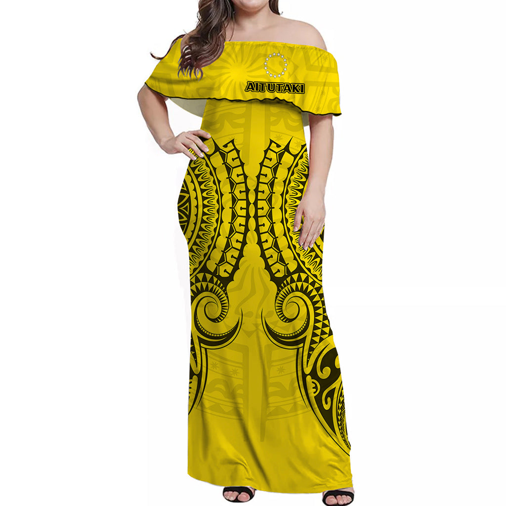 Cook Islands Aitutaki Off Shoulder Long Dress - Tribal Pattern - LT12 Long Dress Yellow - Polynesian Pride