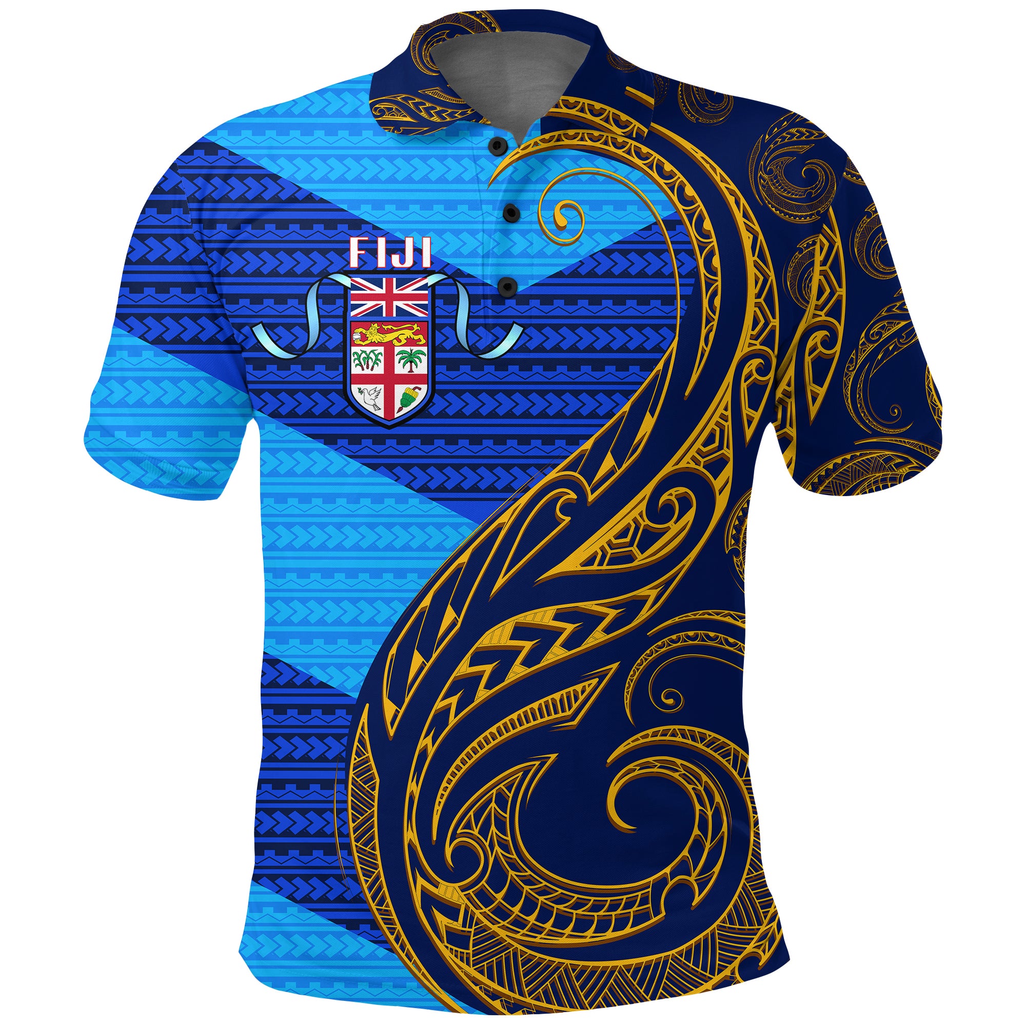 Fiji Polo Shirt Flags Color With Gold Polynesian Pattern LT20 Unisex Green - Polynesian Pride