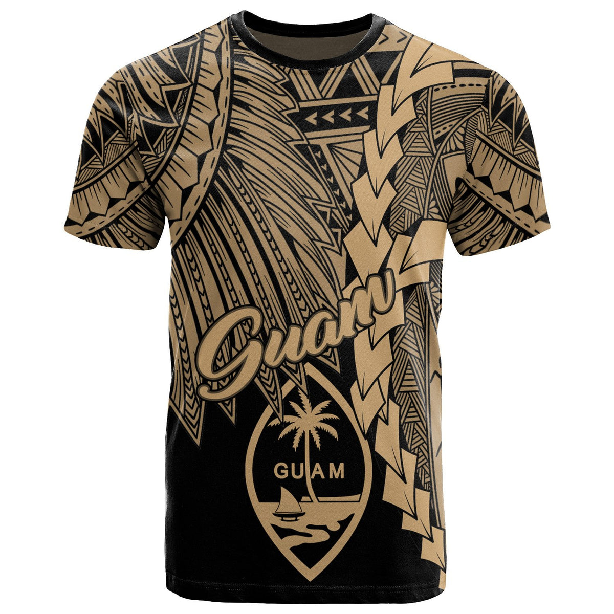 Guam Polynesian T Shirt Tribal Wave Tattoo Gold Unisex Gold - Polynesian Pride