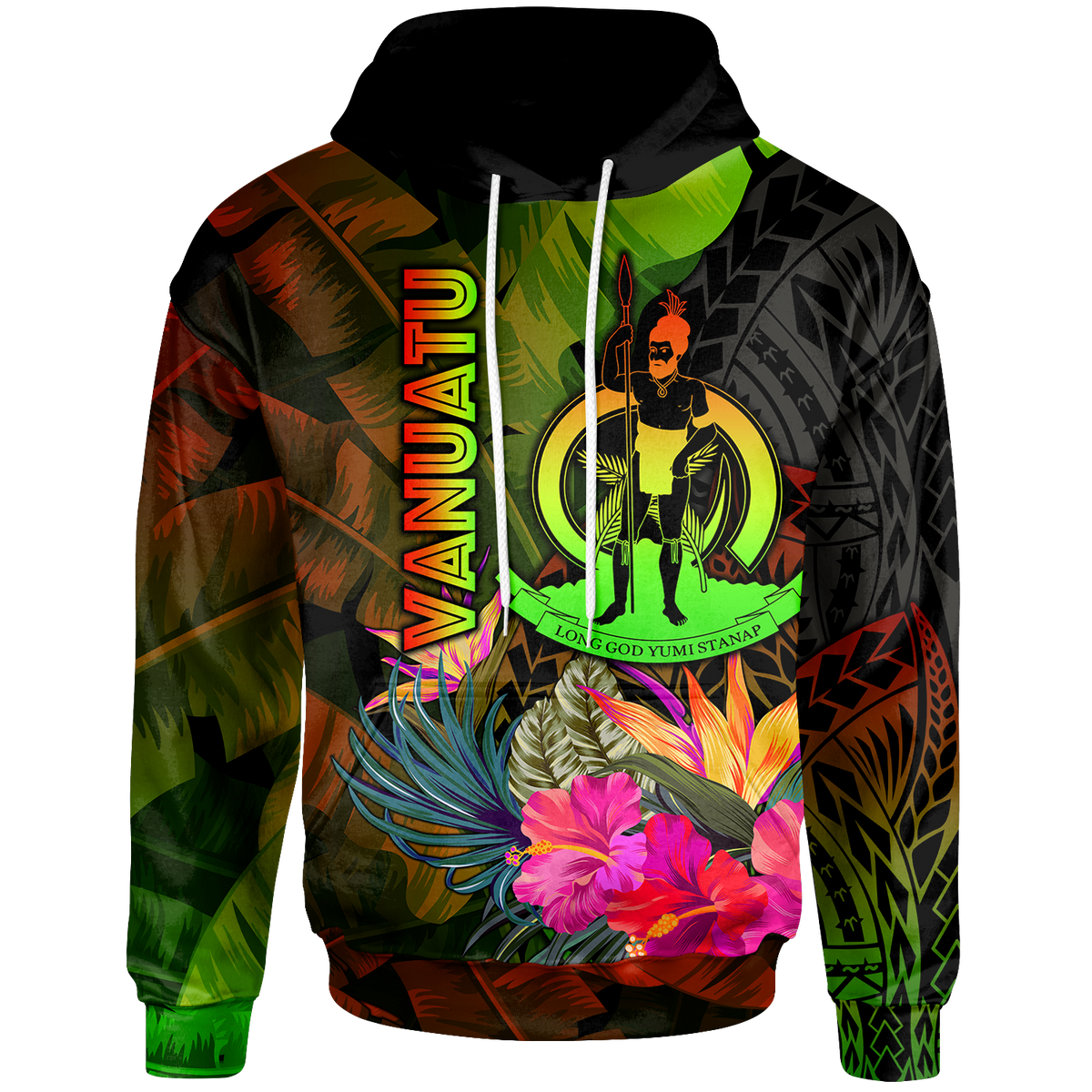 Vanuatu Polynesian Hoodie Hibiscus and Banana Leaves Unisex Reggae - Polynesian Pride