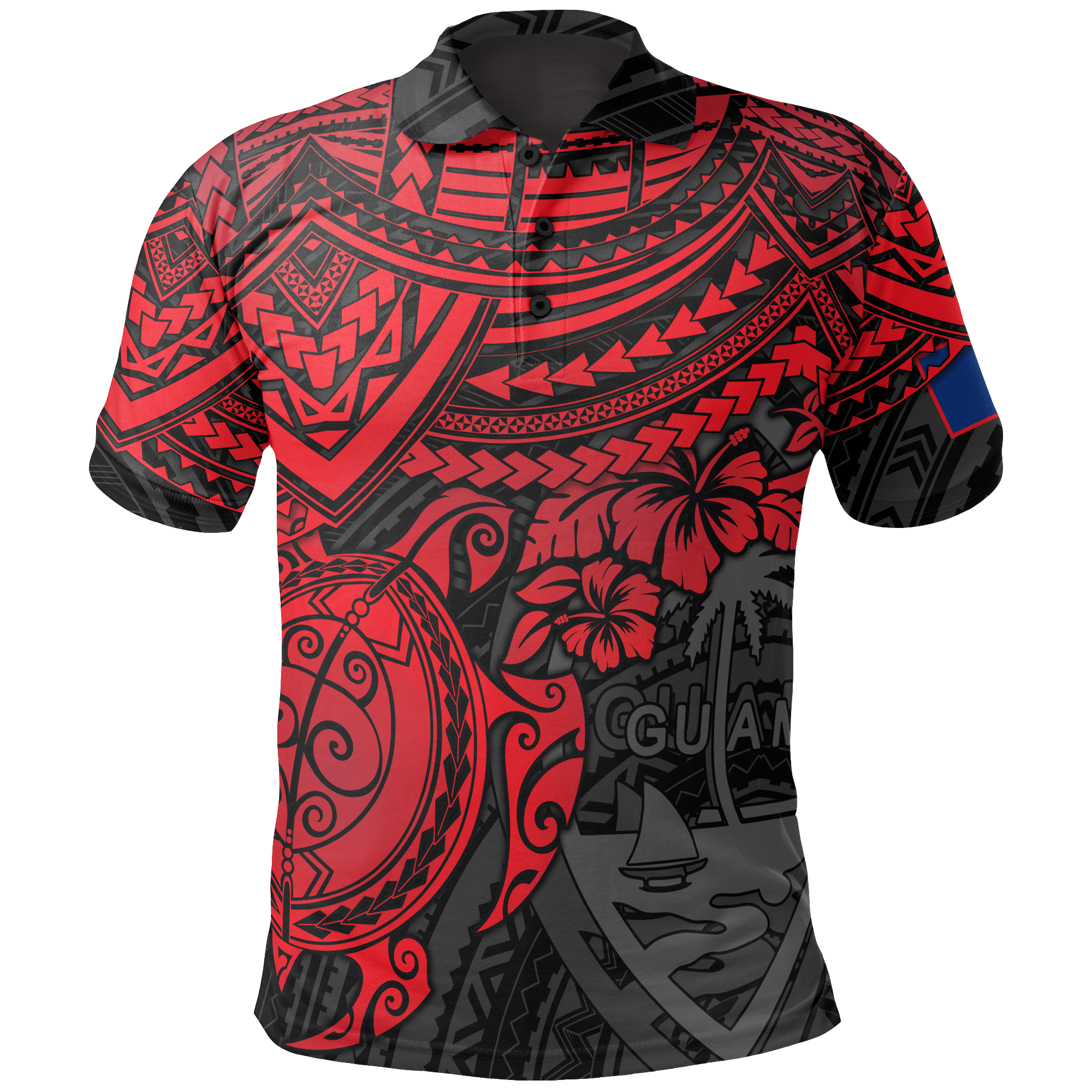 Guam Polo Shirt Guahan Flag Coat Of Arms Red Turtle Hibiscus Unisex RED - Polynesian Pride