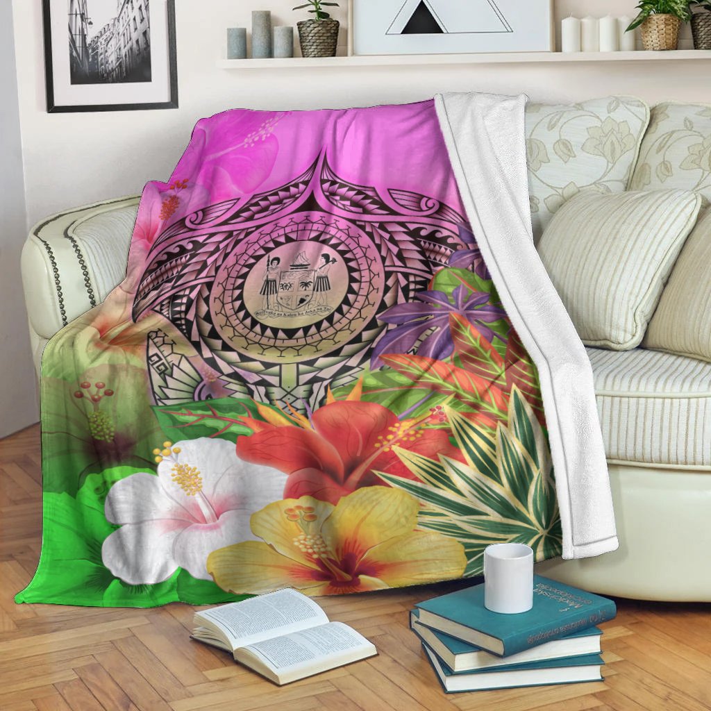 Fiji Polynesian Premium Blanket - Manta Ray Tropical Flowers - Polynesian Pride