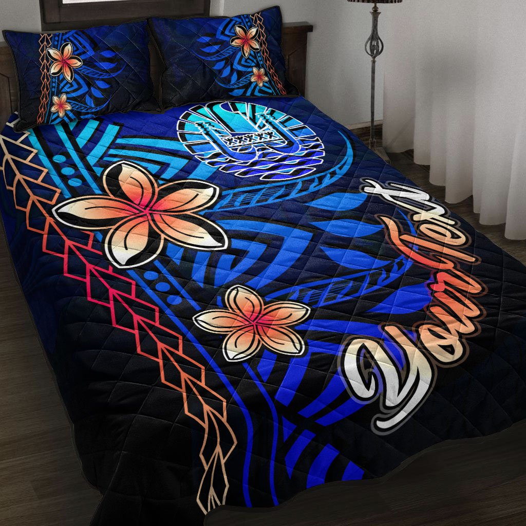 Tahiti Custom Personalised Quilt Bed Set - Vintage Tribal Mountain Blue - Polynesian Pride
