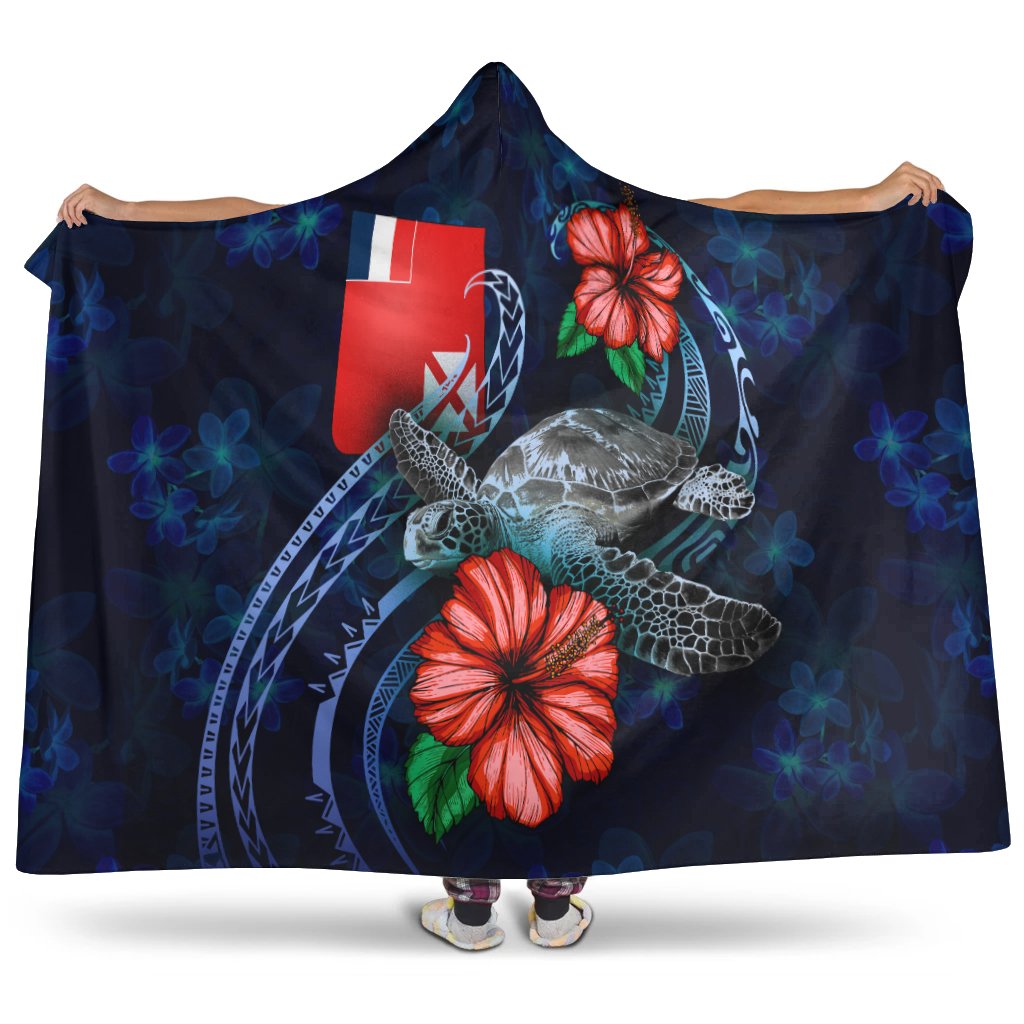 Wallis and Futuna Polynesian Hooded Blanket - Blue Turtle Hibiscus Hooded Blanket Blue - Polynesian Pride