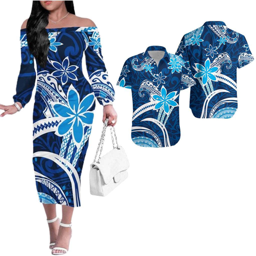 Hawaii Combo Long Sleeves Dress and Hawaiian Shirt Flowers Wave Tribal Pattern LT13 Blue - Polynesian Pride