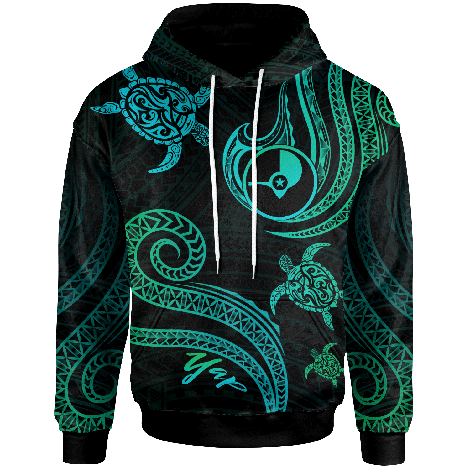 Yap Hoodie Polynesian Turtle With Pattern Unisex Blue Green - Polynesian Pride