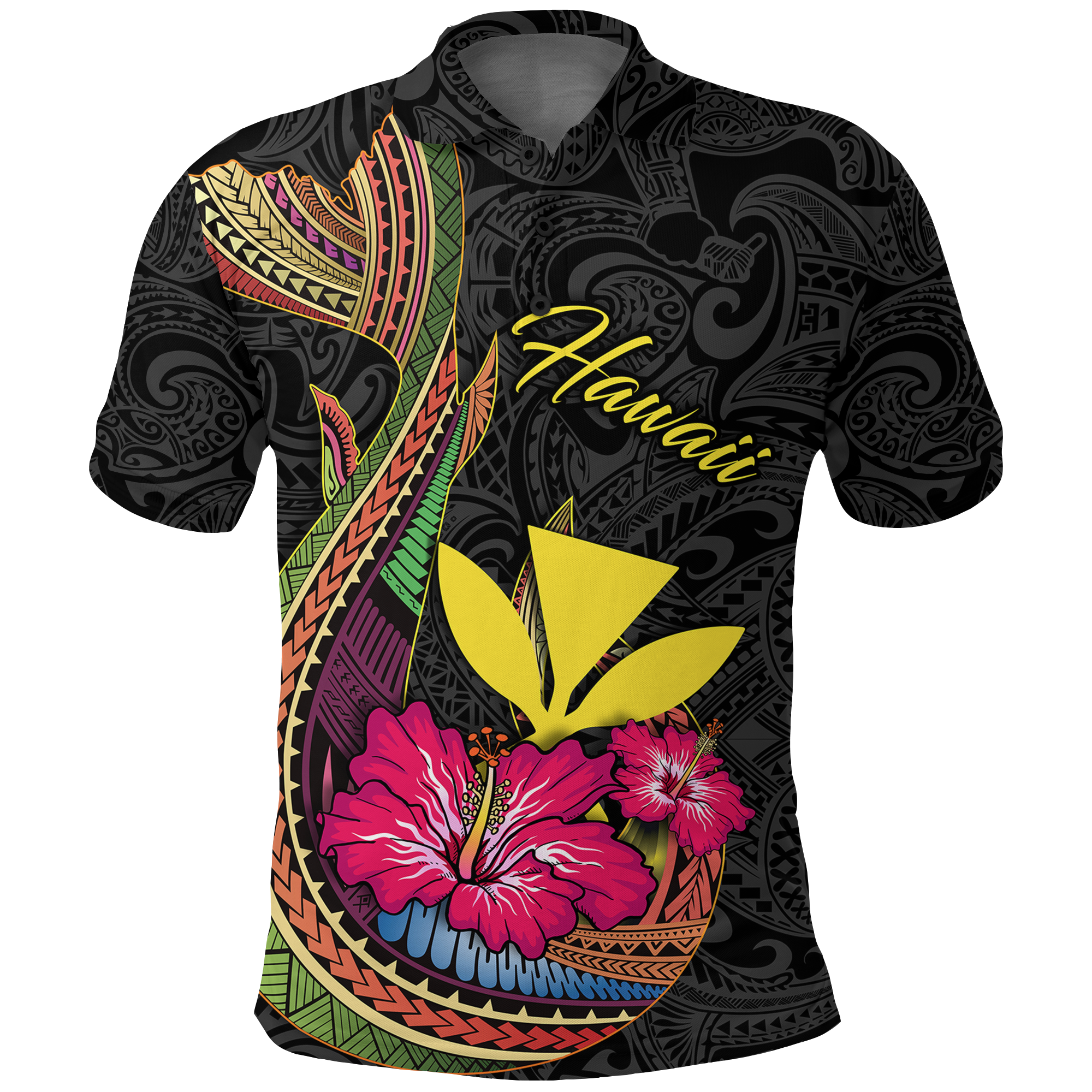 Hawaii Polynesian Fish Hook Hibiscus Polo Shirt LT12 Unisex Black - Polynesian Pride