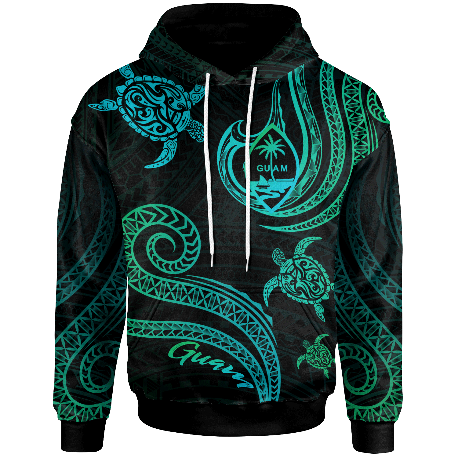 Guam Hoodie Polynesian Turtle With Pattern Unisex Blue Green - Polynesian Pride