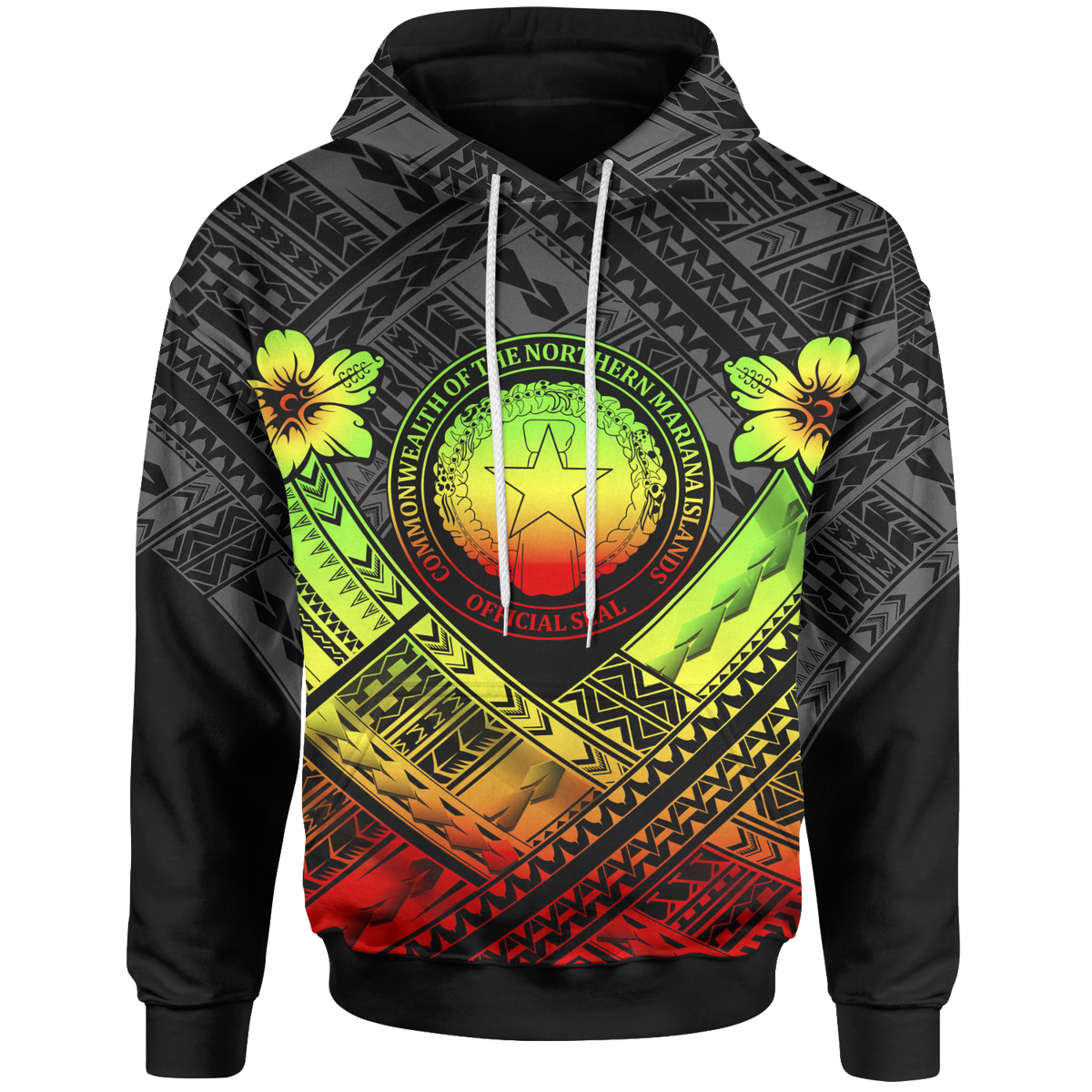 Northern Mariana Islands Hoodie CNMI Seal Camisole Hibiscus Style (Reggae) Unisex Reggae - Polynesian Pride
